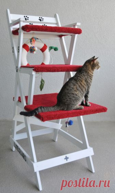 Lifeguard / large Here are photos of the original lifeguard cat chair we designed and built, with three steps, a slightly narrower width relative to the carpet upholstery and some variations on the decals. The crude spray-painted signs are reminiscent of the rough nature of actual lifeguard chairs, meant to mimic the