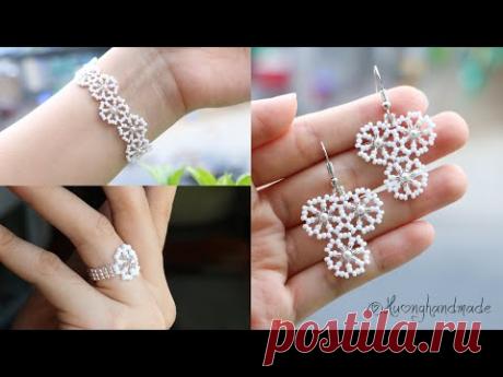 Pure white wedding jewelry set. Earrings, bracelet and ring. How to make beaded jewelry