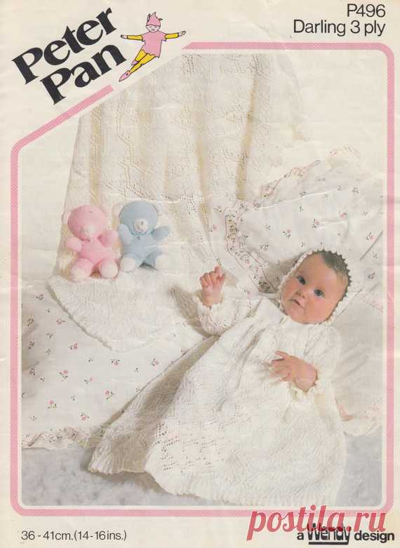 vintage baby knitting pattern for 3 ply christening dress bonnet and shawl in sizes 14 and 16 inches This item is a PDF file of the knitting pattern for these gorgeous baby items.    The pattern will be available for download upon receipt of payment, for you to print out or read from your computer.    Traditional and beautiful, knit with 3 ply yarn. A wonderfu lpattern for heirloom items.