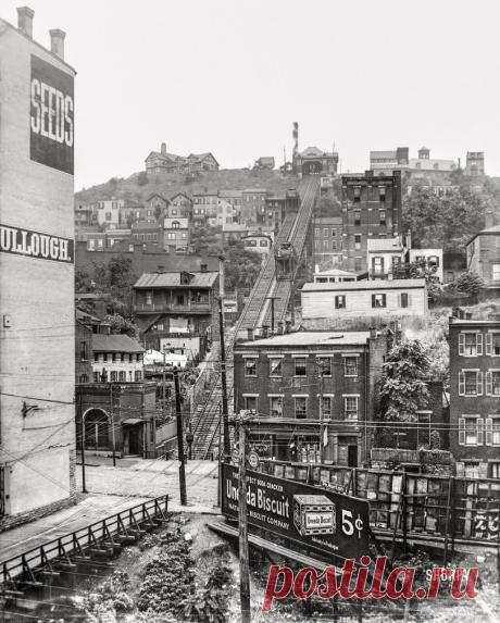 City of Angles: 1915 Circa 1915. "Mount Adams incline, Cincinnati, Ohio." One of five "Cincinnati incline" railway elevators serving that city's hillside suburbs. 8x10 inch glass negative.