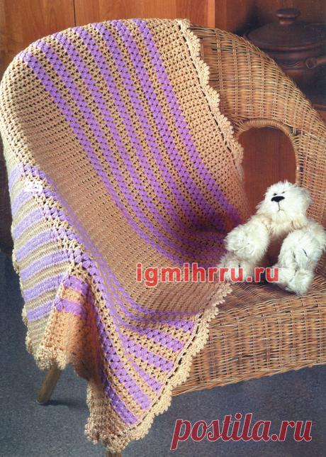 Двухцветный теплый плед с каймой. Вязание крючком