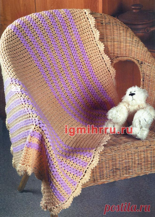 Двухцветный теплый плед с каймой. Вязание крючком