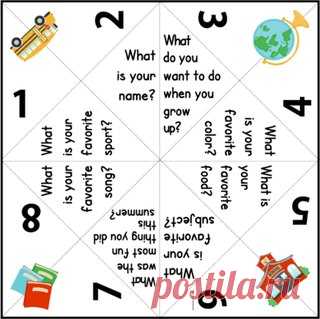 Ещё одна интересная активность на первом уроке — Get-to-know-you Cootie Catcher. Наверное, у всех в детстве были такие бумажные предсказатели.
Ваш сосед называет цифру, вы 