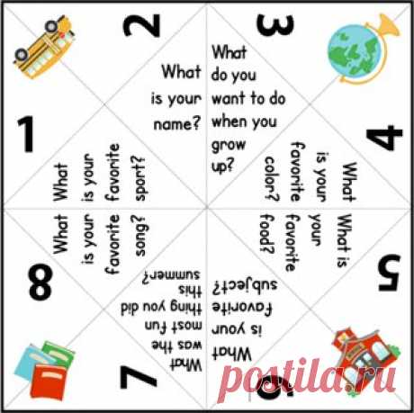 Ещё одна интересная активность на первом уроке — Get-to-know-you Cootie Catcher. Наверное, у всех в детстве были такие бумажные предсказатели.
Ваш сосед называет цифру, вы "двигаете" предсказатель пальцами, затем открываете нужный лепесток и зачитываете предсказание. Можно сделать задание по тому же принципу, но с ответом на вопросы на лепестках. В видео ниже — пример создания такой штуки и игры с ней. #spkid_ideas