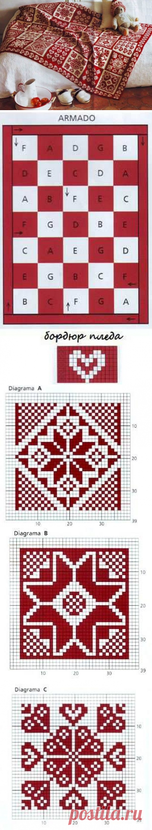 Яркий плед из квадратов, связанных двуцветными орнаментами — Рукоделие