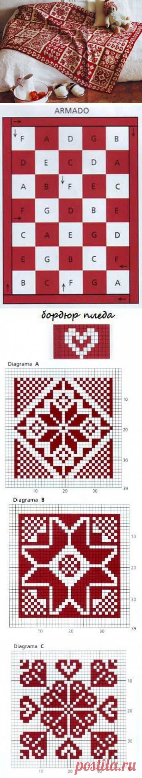 Яркий плед из квадратов, связанных двуцветными орнаментами — Рукоделие