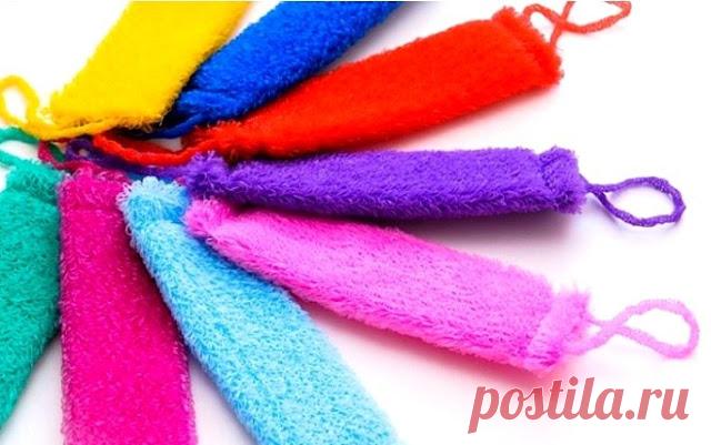 Пушистые мочалки для бани и круглые для мытья посуды