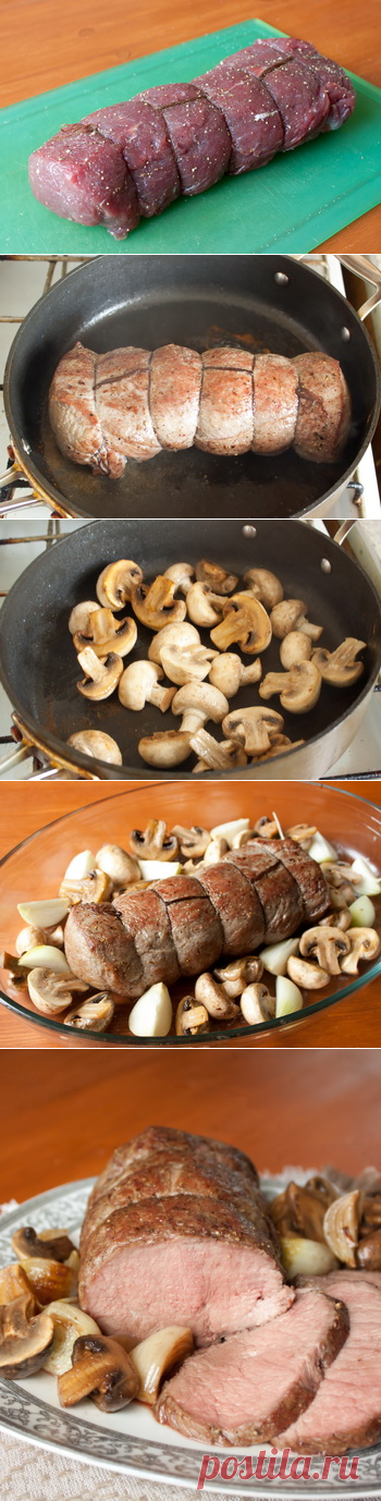 РОСТБИФ С ЗАПЕЧЕННЫМ ЛУКОМ И ШАМПИНЬОНАМИ