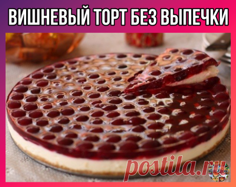 Вишневый торт без выпечки.

Ингредиенты:
- 150 г бисквитного печенья
- 125 г сливочного масла
- 300 г творожного сыра
- 150 г натурального йогурта
- 100 г сливок (11%)
- 2 cт.л. лимонного сока
- 1 п. желатина (10 г)
- 50 г сахара (кому не сладко, можно и 100:)
- ванилин
- вишневое желе, свежая/замороженная вишня.

Приготовление:
1. Печенье измельчить в блендере в мелкую крошку. сливочное масло растопить и соединить с крошкой.
2. Дно разъемной формы (диам. 26 см) выстлать б...
