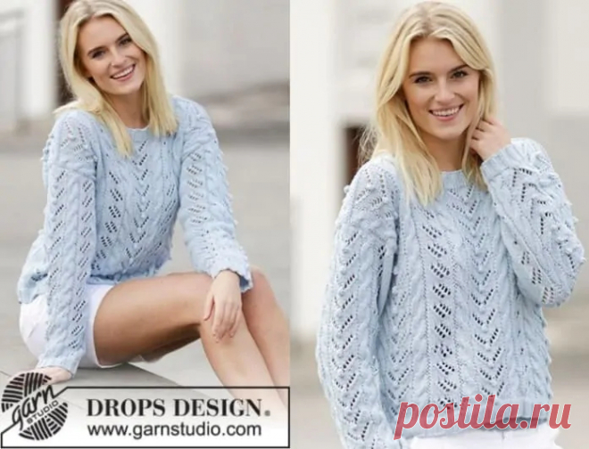 Голубой пуловер с шишечками спицами Cotton Light – модная ажурная модель | TatuchkaClub.ru
Cotton Light от Дропс (50% хлопка, 50% полиэстера, 105мет/50гр) – 600/650/700/800/850/950 грамм голубого цвета;
спицы №4 и №4,5