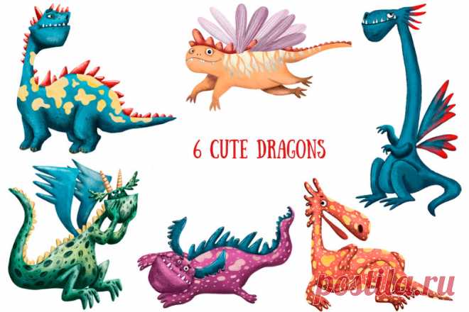 Cute Dragons - Clip Art Set By Mashamashastu | TheHungryJPEG.com