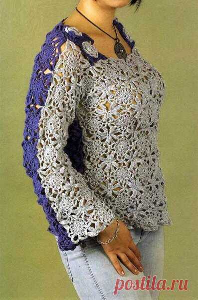 Двухцветная ажурная кофточка крючком, схемы и описание | Идеи рукоделия | Яндекс Дзен