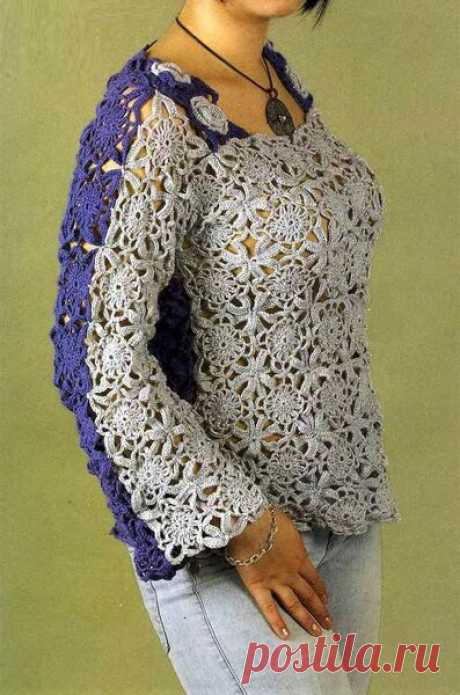 Двухцветная ажурная кофточка крючком, схемы и описание | Идеи рукоделия | Яндекс Дзен