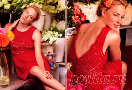 Красное ажурное платье спицами.