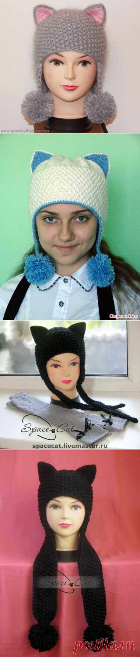 вязанная шапка с ушками и помпонами