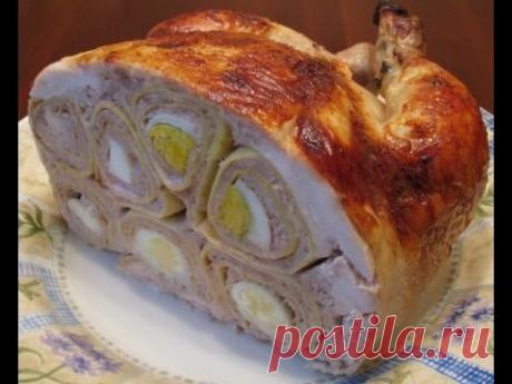 Курица фаршированная блинами, свининой и яйцами