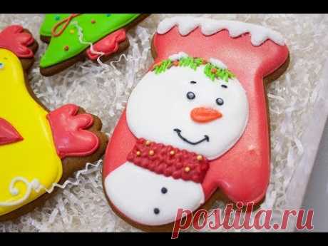 РОСПИСЬ ПРЯНИКА "ВАРЕЖКА СО СНЕГОВИКОМ" / РАЗУКРАШИВАНИЕ ГЛАЗУРЬЮ