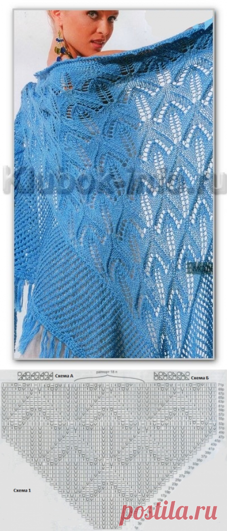 Вязание спицами. Однотонная ажурная шаль с широкой каймой и с бахромой. Размер: 275 х 230 см