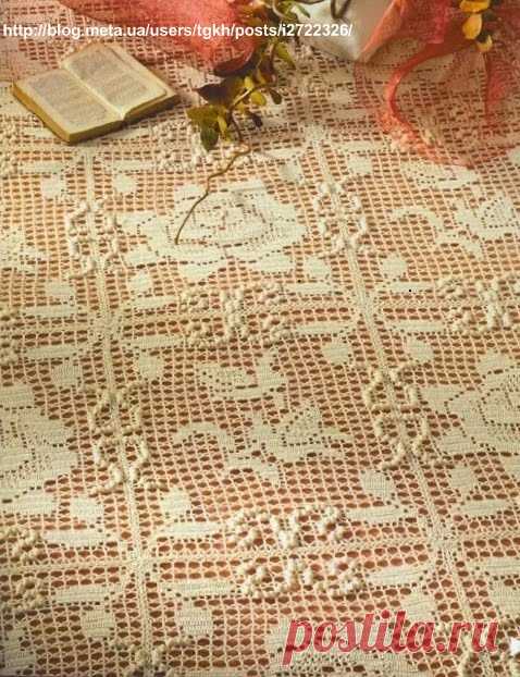 Блог "tgkh". Вязаная крючком скатерть из квадратов РОЗЫ И БУТОНЫ (прямоугольная или квадратная, филейное вязание), Блог пользователя tgkh