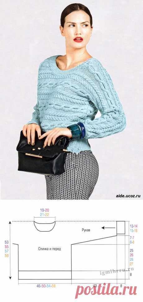 Светло-бирюзовый пуловер с косами, связанный единым полотном в поперечном направлении, от Bergere de France. Спицы - Женские вещи - Вязание спицами. - Каталог файлов - Хобби.