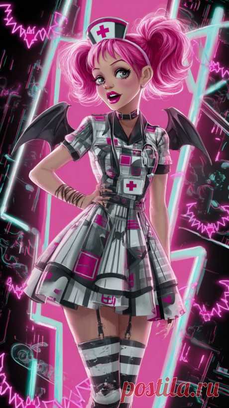 Готическая медсестра в стиле Монстер Хай: розовые волосы и яркий наряд. Изображение из нейросети Midjourney - Midjourney примеры промтов - Форум ИИ о нейросетях - Yes Ai