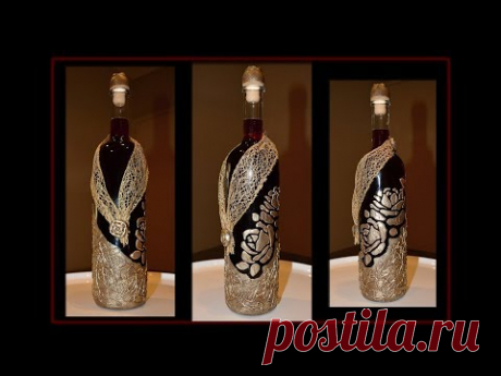 glass bottle decorated with modeling paste and crafts glue (tutorial)