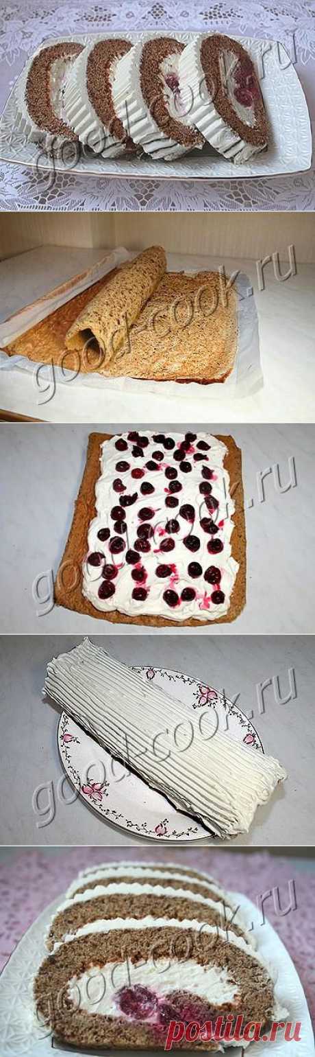 Хорошая кухня - шоколадно-кофейный рулет с вишней. Кулинарная книга рецептов. Салаты, выпечка.