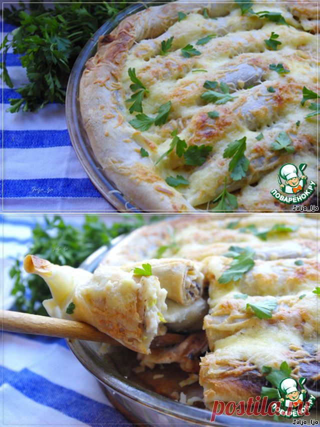 Блинный пирог с курицей и шампиньонами - кулинарный рецепт