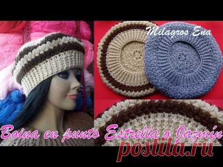 Boina a crochet en punto Estrella o Jazmín y punto Elástico Simple paso a paso