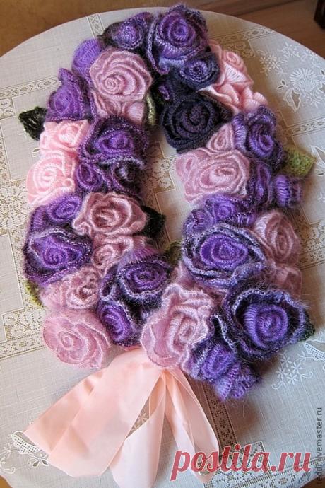Купить шарф-боа "Violet" - аксессуары, шарфы и шарфики, цветы, розовый, вязаный шарф, вязаный