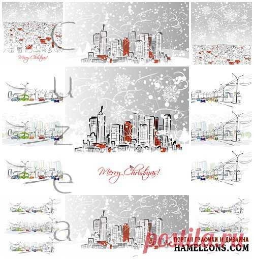Рисованные иллюстрации - зимний город, улица с городским транспортом - Векторный клипарт | Winter town vector » Портал графики и дизайна: векторный и растровый клипарт, уроки, фоторамки, шаблоны для Фотошоп  на HAMELEONS.COM