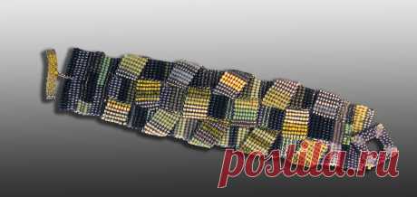 Interwoven Cuff by Julie Powell (Beaded Necklace) | Artful Home Interwoven Cuff by Julie Powell. This complex hand woven cuff is created by weaving individual ribbons on the loom and then weaving those ribbons together, creating a play of pattern, color and texture. The cuff has a fascinating movement and rhythm. Its light and comfortable and reinforced with a metal lined toggle for extra strength.