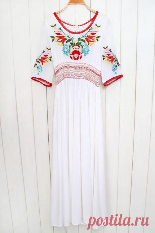 Floral Embroidery Half Sleeve Maxi Dress WHITE: Maxi Dresses | ZAFUL