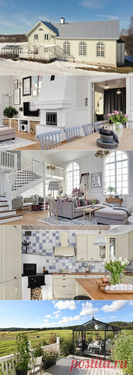 Сельский дом в Швеции с арочными окнами на два этажа и черными стенами спальни: в добавок камин и печь на кухне | АРТбук Ульяновой | Яндекс Дзен