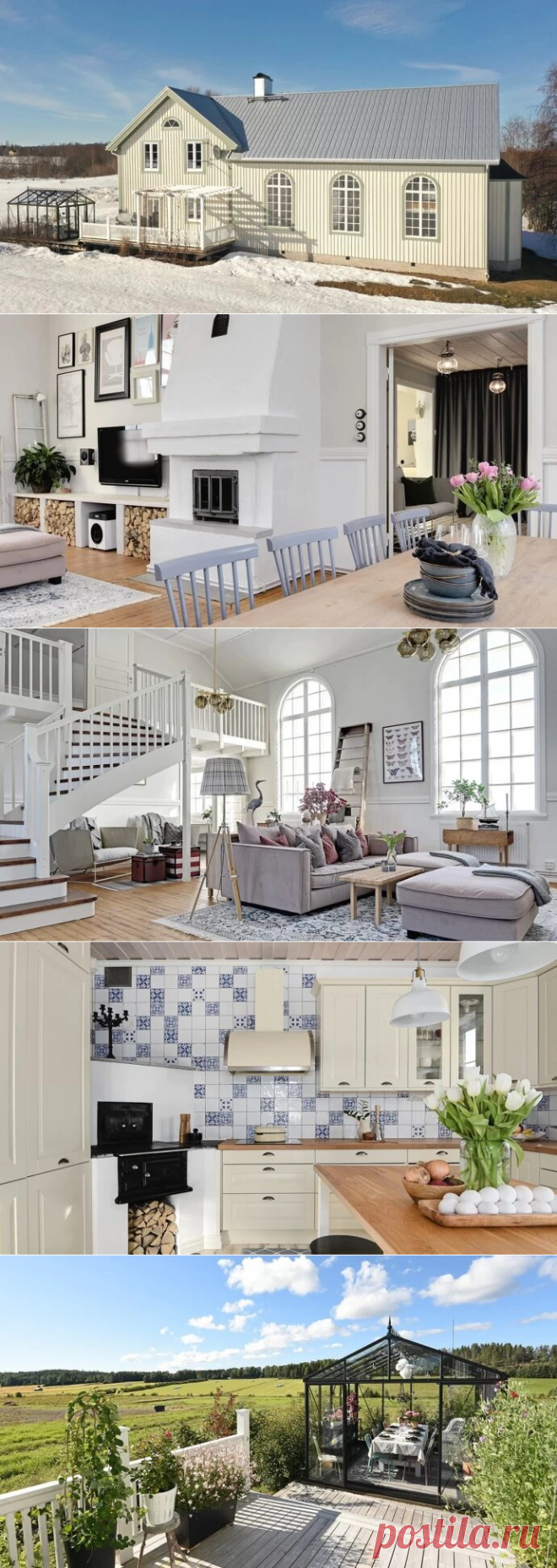 Сельский дом в Швеции с арочными окнами на два этажа и черными стенами спальни: в добавок камин и печь на кухне | АРТбук Ульяновой | Яндекс Дзен