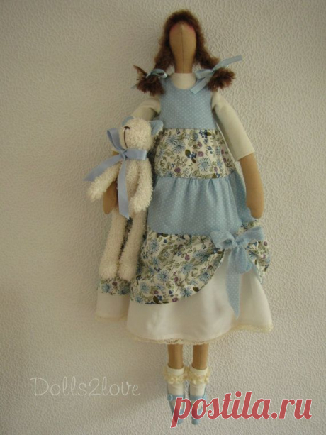 Tilda doll Harper wearing a blue liberty fabric от Dolls2love