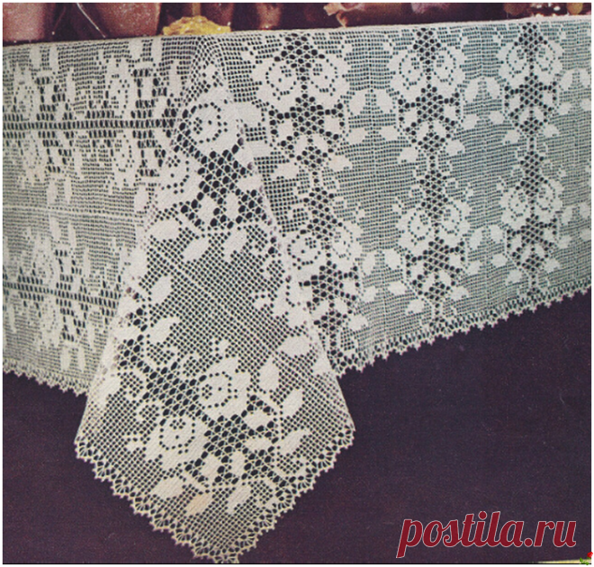 ФИЛЕЙНОЕ ВЯЗАНИЕ, СКАТЕРТЬ С РОЗАМИ.