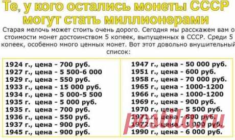 Те, у кого остались монеты СССР, могут стать миллионерами
Старая мелочь может стоить очень дорого. Сегодня мы расскажем вам о стоимости монет достоинством 5 копеек, выпущенных в СССР. Среди 5 копеек, особенно много ценных монет. Вот этот довольно внушительный список:
5 копеек 1924 г., цена - 700 руб.
5 копеек 1927 г., цена - 5 500-6 000 руб.
5 копеек 1929 г., цена - 550 руб.
5 копеек 1933 г., цена - 15 000 руб.
5 копеек 1934 г., цена - 5 000-5 500 руб.
5 копеек 1935 г. (старого образца), цена