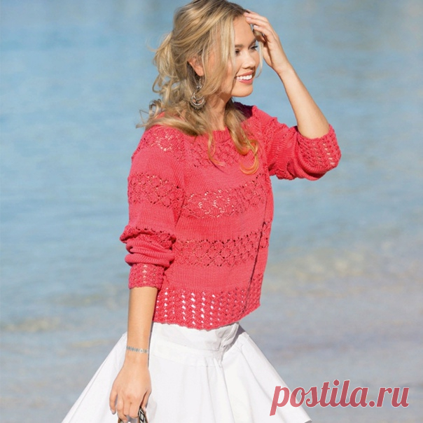 РАЗМЕРЫ 38/40 (44/46)
ВАМ ПОТРЕБУЕТСЯ - Пряжа (100% хлопка; 125 м/50 г) — 450 (550) г коралловой; - спицы №3,5; - круговые спицы №3.

УЗОРЫ И СХЕМЫ

УЗОР ИЗ «КОС»
Число петель кратно 12 + 2 кромочные = вязать согл. схеме 1. На ней даны только лицевые ряды. В изнаночных рядах все петли и накиды провязывать изнаночными, из 2 накидов подряд 1-й накид провязывать изнаночной, 2-й накид — изнаночной скрещенной. Начать с 1 кромочной и петель перед раппортом, раппорт постоянно пов...