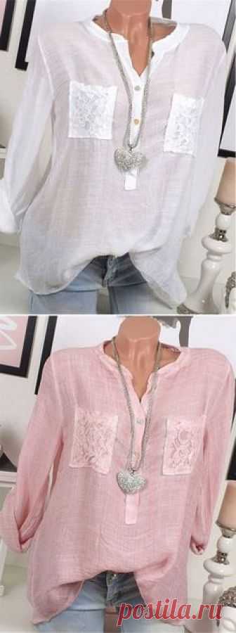 [Newchic Online Shopping] 48%OFF Women's Casual Lace Patchwork Blouses with Long Sleeve and V-neck
