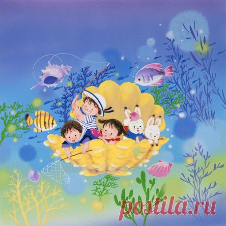 Подводные прогулки в лодке иллюстраций животных моллюсков. Трое детей и кролик