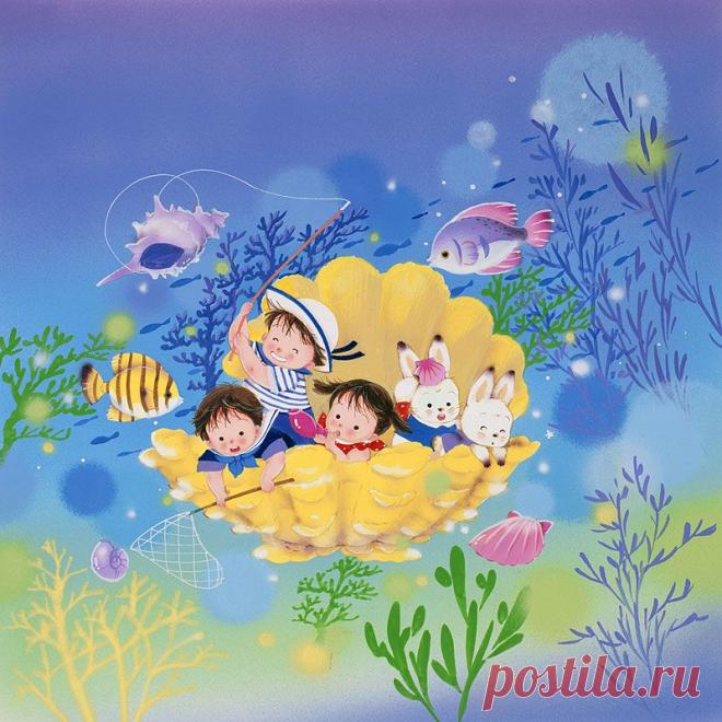 Подводные прогулки в лодке иллюстраций животных моллюсков. Трое детей и кролик