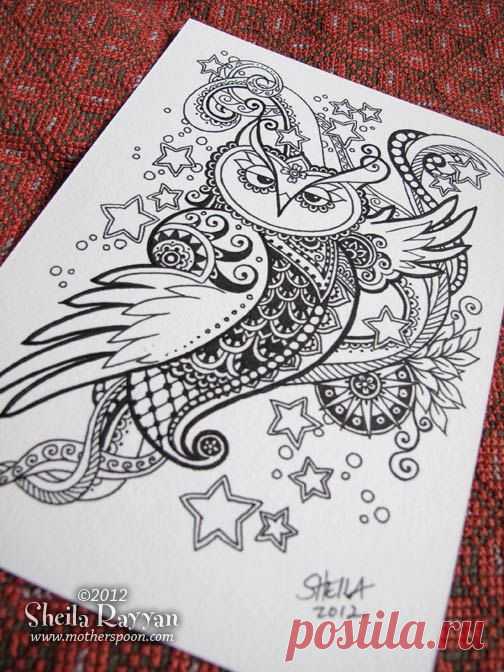 Doodle Owl - original ink drawing