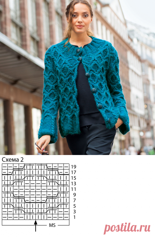 Иссиня-зеленый жакет с узором из ромбов - схема вязания спицами. Вяжем Жакеты на Verena.ru