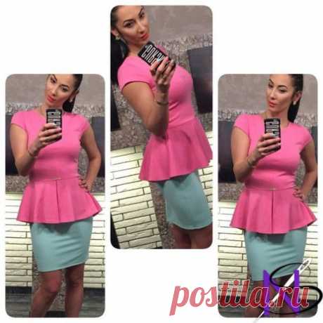 Костюм Миленка цвет по блузе.р: 42,44,46
ткань: трикотаж 
длина изделия: кофта - 64 см; юбка - 46 см
цвета: белая кофта - ментол юбка, ментол кофта - белая юбка, розовая кофта - ментол юбка