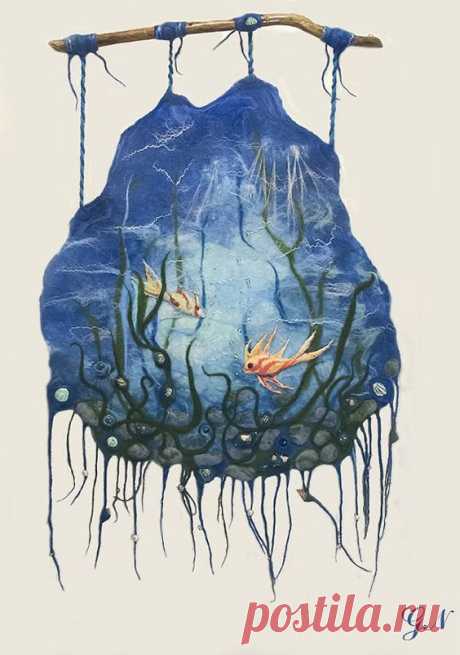 Wool Felt Wall Hanging Life Of Sea Blue Panel Underwater Landscape With Goldfish and Seashells_Ecofriendly Home Decor Living Room Wool Decor