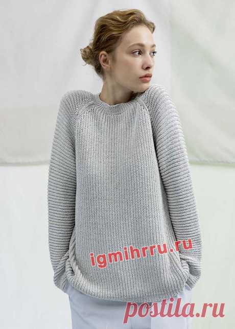 Шелковый пуловер с полупатентной резинкой и рельефным узором. Вязание спицами со схемами и описанием