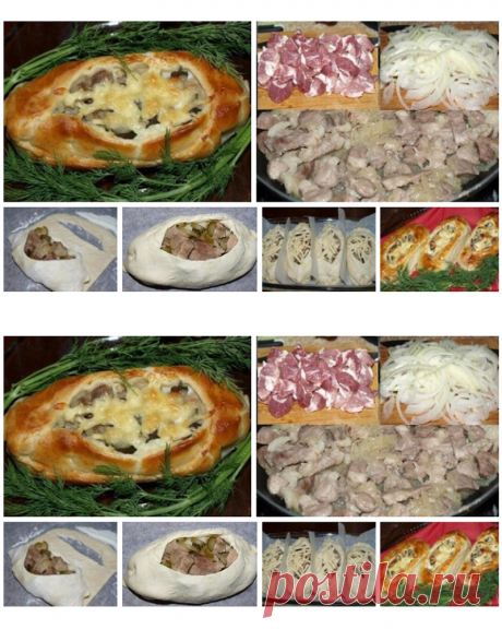 Лодочки из слоеного теста с картофелем, мясом и огурчиками