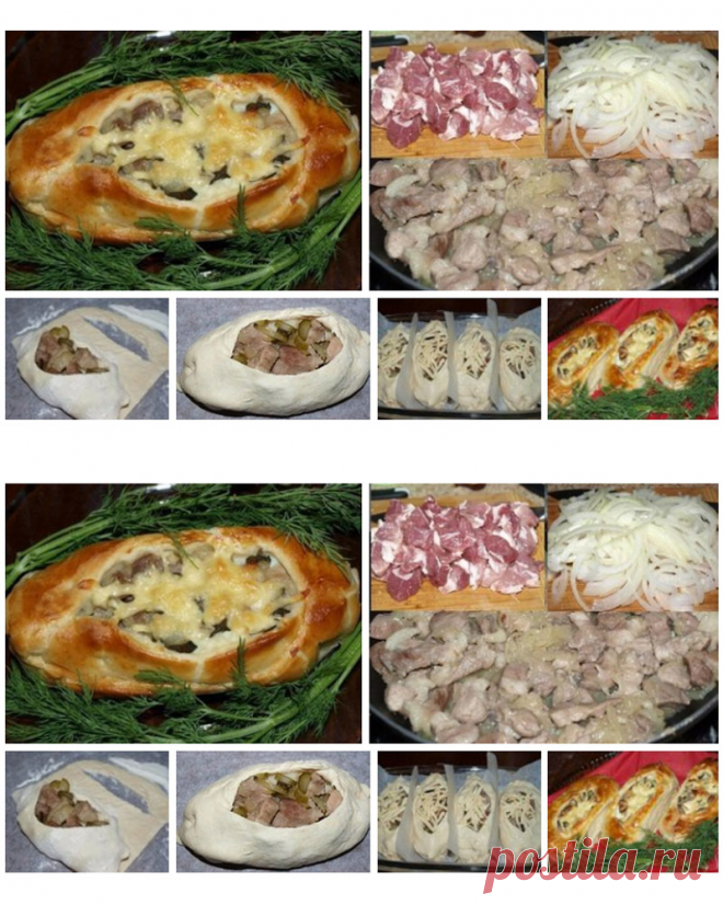 Лодочки из слоеного теста с картофелем, мясом и огурчиками