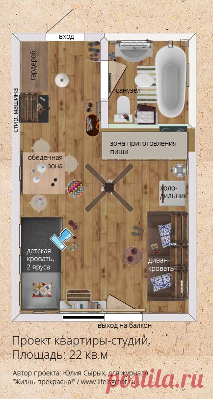 Планировка квартиры-студии (22 кв.м) для семьи с двумя детьми | Жизнь прекрасна! Онлайн-журнал о позитивной жизни